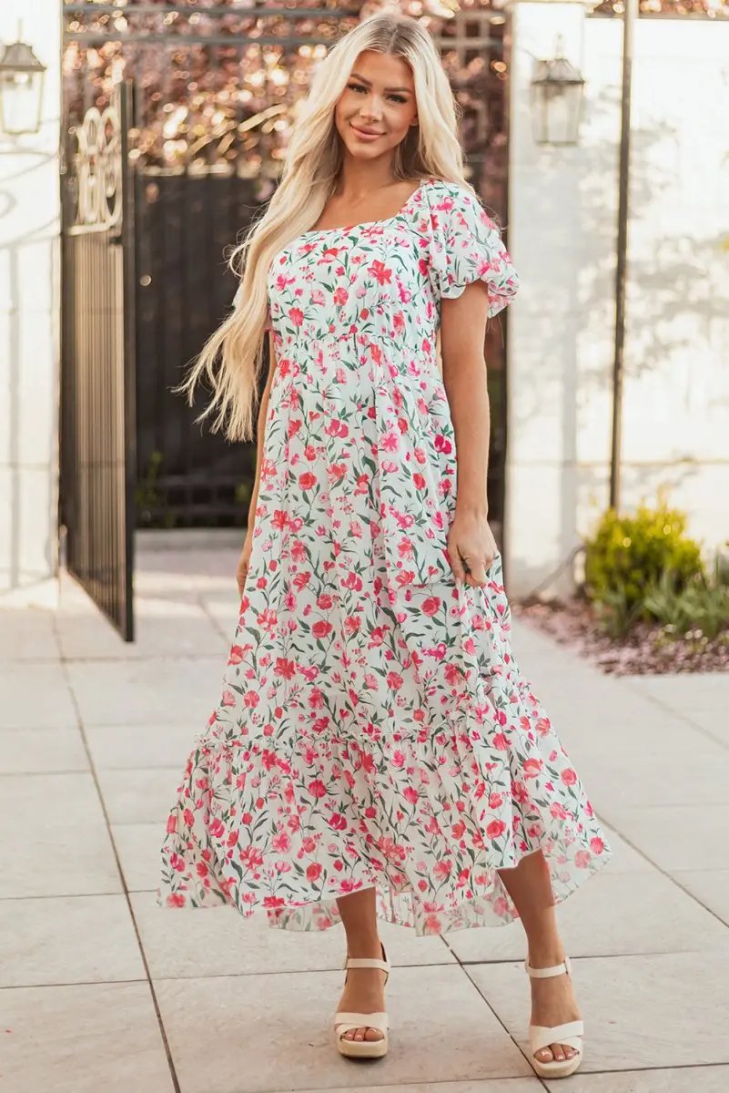 Pink Floral Puff Sleeve Square Neck Empire Waist Maxi Dress - Love Salve